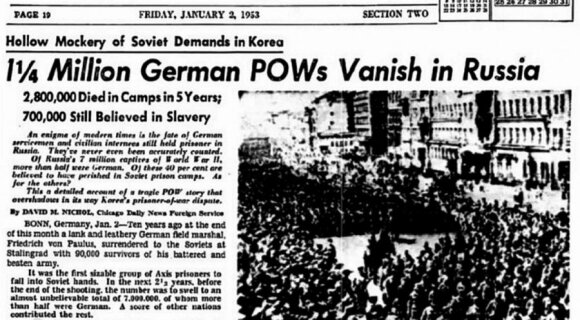 1953 m. sausio 2 d. laikraščio antraštė: 1 ¼ milijono belaisvių vokiečių dingo Rusijoje, leidyklos „Briedis“ nuotr.