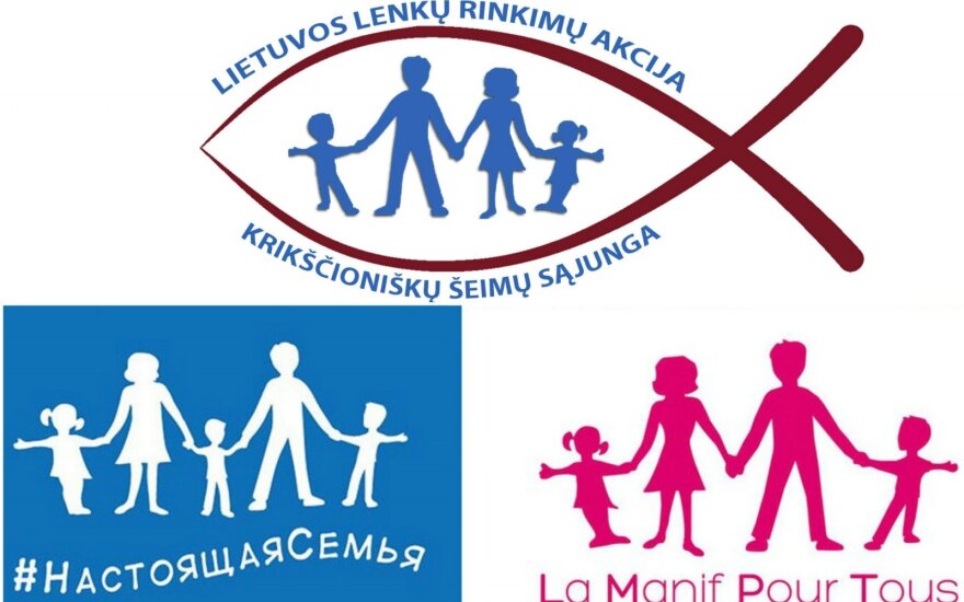 Lenkų rinkimų akcijos logotipo ir Rusijos bei Prancūzijos "tradicinės šeimos gynėjų" vėliavų palyginimas.