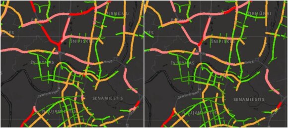 Traffic flows in Vilnius in 2020 September (left) and December (right). 