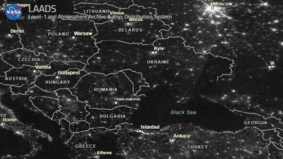 Rusijos užpulta Ukraina aptemo. NASA LAADS nuotr. 