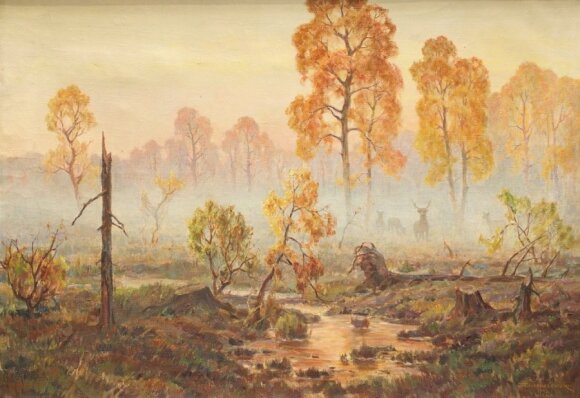 Č. Znamierovskio darbas, "Miško peizažas su elniais"