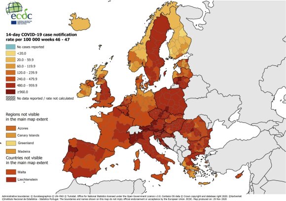 Coronavirus morbidity data at 46-47 weeks in Europe