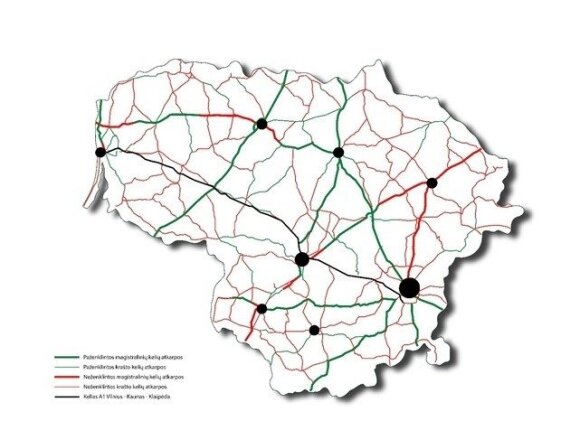 Keliai (pažymėta žaliai), kuriuose horizontalios ženklinimo linijos jau atnaujintos