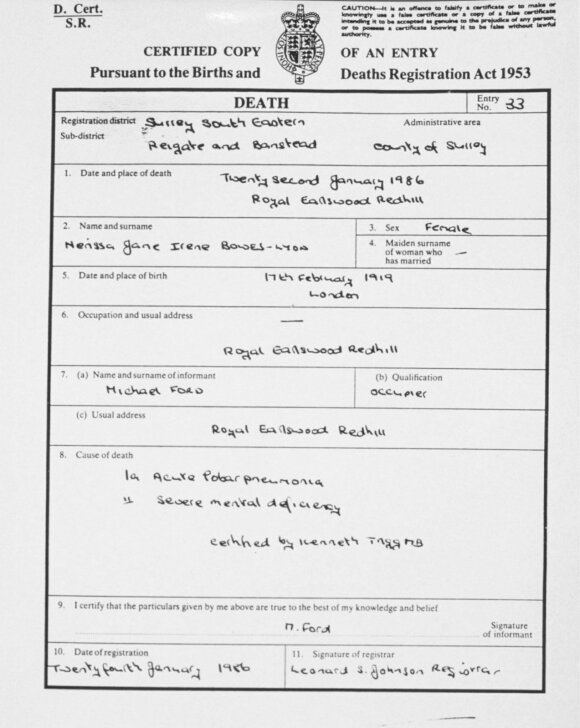 Death certificate of Nerrine Bowes-Lyon