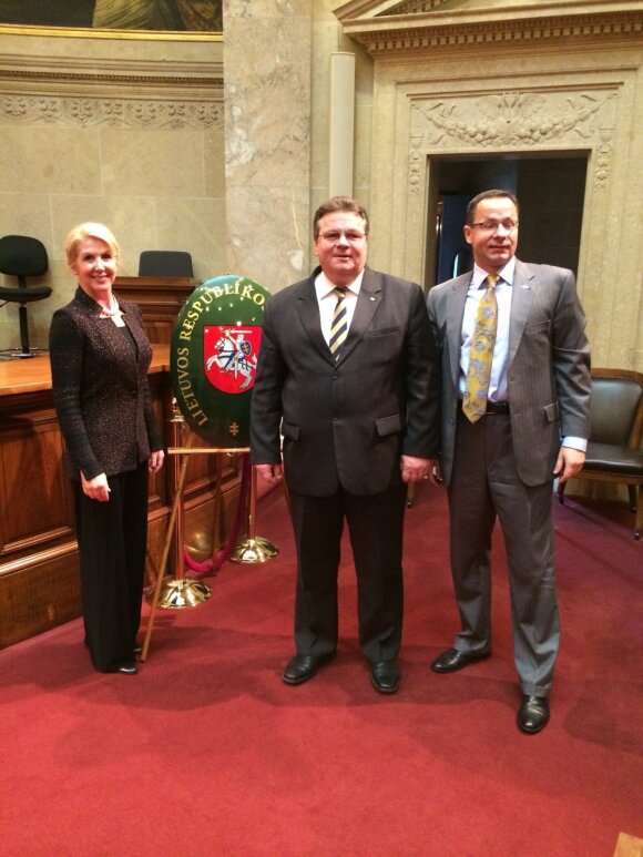 Leslie Ann Liautaud with Foreign Minister Linas Linkevičius and former Ambassador Žygimantas Pavilionis