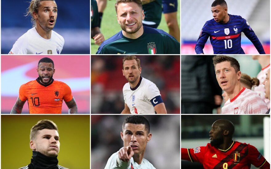 Griezmannas, Immobile, Mbappe, Depay, Kane'as, Lewandowski, Werneris, Ronaldo, Lukaku