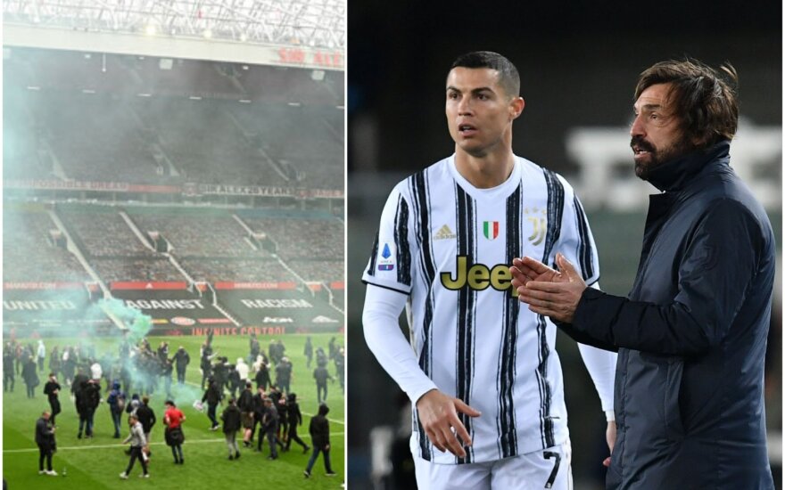 (iš kairės) "Manchester United" aistruolių protestas, Cristiano Ronaldo, Andrea Pirlo