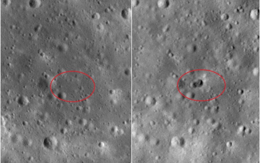 Mėnulio paviršius ir krateriai prieš ir po neatpažintos raketos smūgio. NASA/GSFC/Arizona State University