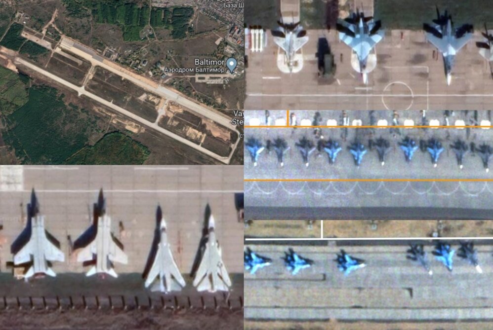 Voronežo aerodrome išrikiuoti rusų karo lėktvuvai. Planet Labs/Skywatch Space Applications/Orion Intel/LandSat/Copernicus/TerraMetrics/GoogleMaps nuotr.